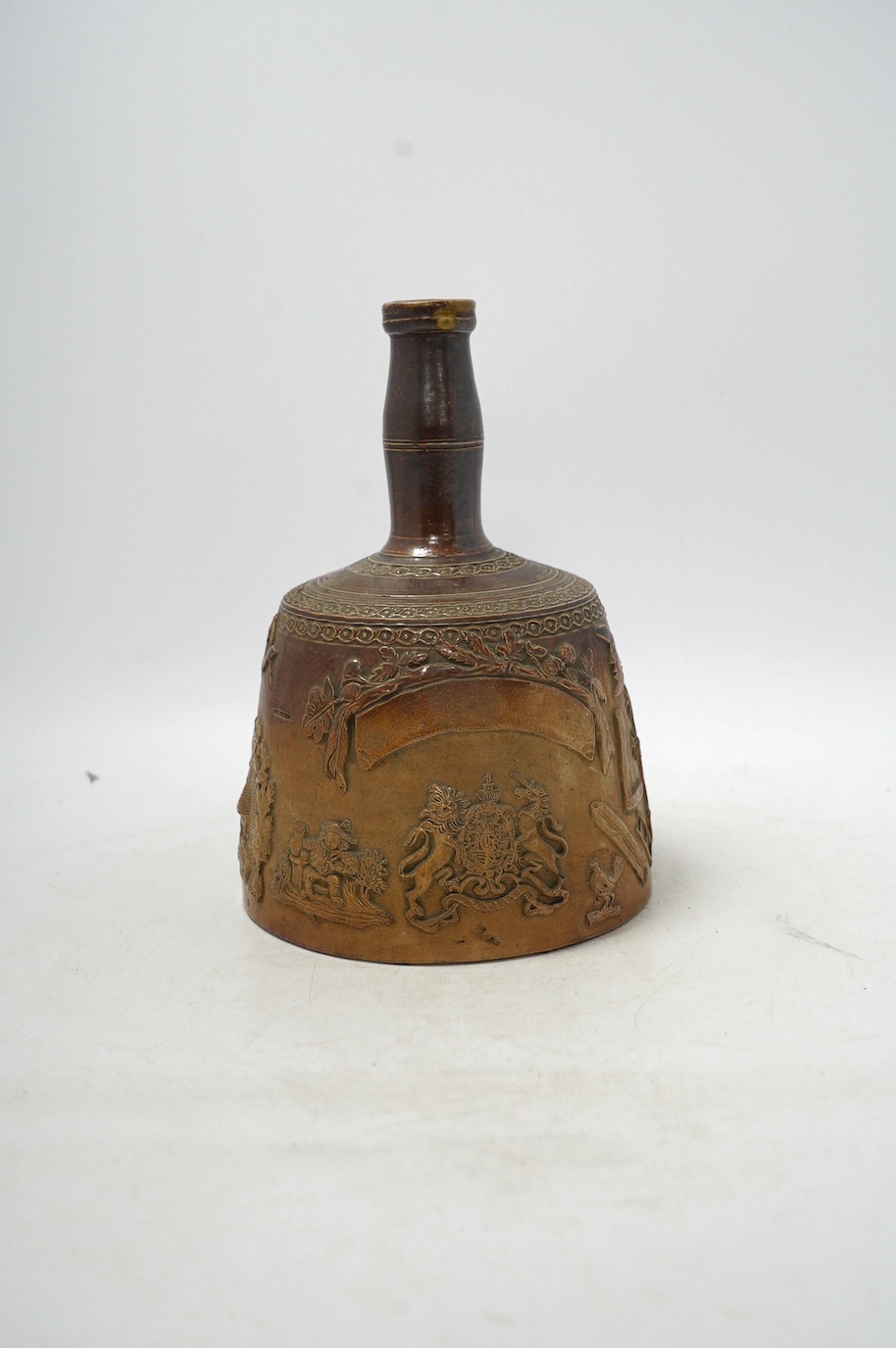 A mid 19th century Masonic stoneware mallet shaped bottle, 24cm high. Condition - good